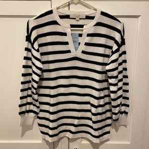 Loft White & Navy Stripe Textured Split Neck Sweater - XS Petite